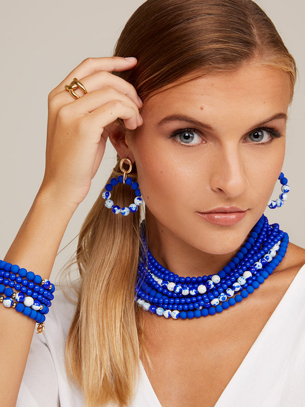Blue Marbled Beaded Collar Necklace