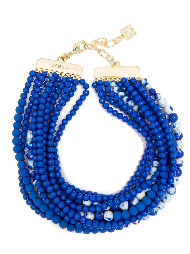 Blue Marbled Beaded Collar Necklace